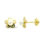 9K PENDIENTES ORO AMARILLO FLOR 7 MM Y PERLA 3,5MM CIERRE TUERCA