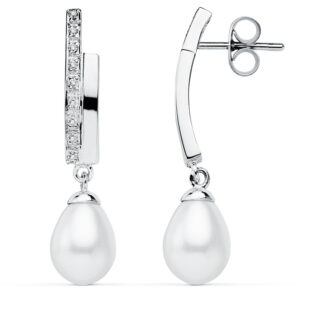 9K PENDIENTES ORO BLANCO PERLA 32X8 MM CIERRE PRESION