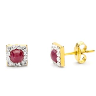 9K PENDIENTES ORO AMARILLO CUADRADO PIEDRA CABUJON REDONDO 4 MM Y CIRCONITAS 6X6 MM, CIERRE PRESION