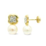 9K PENDIENTES ORO AMARILLO TU Y YO FLOR CON CIRCONITAS Y PERLA, 13X7 MM,CIERRE TUERCA