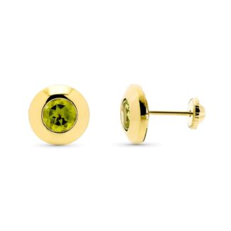9K PENDIENTES ORO AMARILLO CHATON CON OLIVINA NATURAL 5 MM - 1,14 QTS, ANCHO: 7 MM CIERRE TUERCA