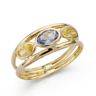 9K SORTIJA ORO BICOLOR DOBLE CUERPO CON CIRCONITAS AGUAMARINA Y CITRINO, ANCHO: 6,5 MM