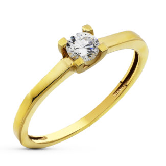 9K SOLITARIO ORO AMARILLO CON CIRCONITA DE 4 MM EN GARRAS CUADRADAS,
