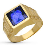 9K SELLO ORO AMARILLO HUECO CABALLERO PIEDRA AZUL 9MM