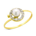 9K SORTIJA ORO AMARILLO AJUSTABLE CON CIRCONITAS Y PERLA DE 4 MM, ANCHO: 8 MM