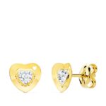9K PENDIENTES ORO AMARILLO COMUNION CORAZON Y CIRCONITA 7X7 MM PRESION