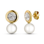 9K PENDIENTES ORO AMARILLO REDONDO Y PERLA 15X8 MM PRESION