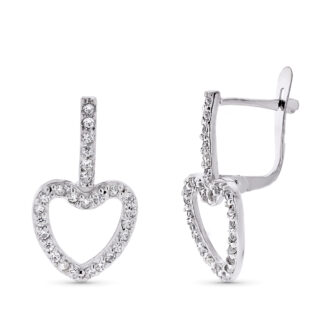 9K PENDIENTES ORO BLANCO DOS CUERPOS CORAZON CIRCONITA 20X10 MM CIERRE CATALAN