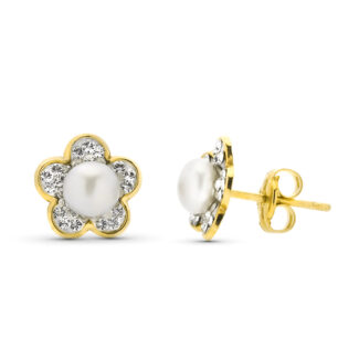 9K PENDIENTES ORO AMARILLO CIRCONITA PERLA 4,50 MM TOTAL 9 MM PRESION