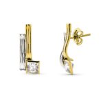 9K PENDIENTES ORO BICOLOR BANDAS CIRCONITA 16X7 MM CIERRE PRESION