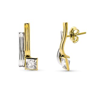 9K PENDIENTES ORO BICOLOR BANDAS CIRCONITA 16X7 MM CIERRE PRESION