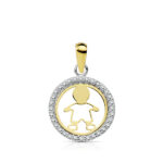 9K COLGANTE ORO BICOLOR REDONDO CERCO CON CIRCONITAS Y NIÑO CALADO, MEDIDA: 13MM