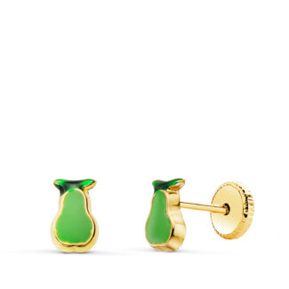 18K PENDIENTES ORO AMARILLO PERA ESMALTE VERDE 6 X 4 MM, CIERRE TUERCA
