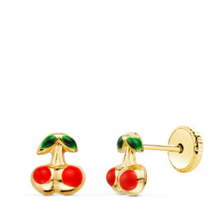 18K PENDIENTES ORO AMARILLO CEREZAS ESMALTE 6X5 MM, CIERRE TUERCA