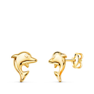 18K PENDIENTES ORO AMARILLO DELFINES LISOS 8 X 6 MM, CIERRE PRESION