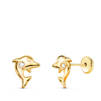 18K PENDIENTES ORO AMARILLO DELFINES CON CIRCONITA 8 X 6 MM, CIERRE TUERCA