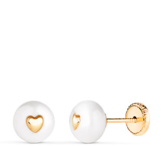 18K PENDIENTES ORO AMARILLO PERLA CON INTERIOR DE CORAZON, MEDIDA: 7 MM, CIERRE TUERCA