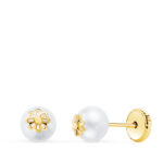 18K PENDIENTES ORO AMARILLO PERLAS CON MOTIVO MARGARITA, ANCHO: 5 MM, CIERRE TUERCA