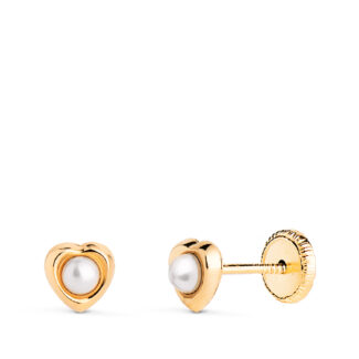 18K PENDIENTES ORO AMARILLO CORAZON CON PERLAS DE 2,4MM, MEDIDA: 5 X 5MM, CIERRE TUERCA