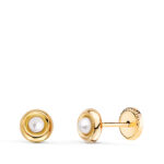 18K PENDIENTES ORO AMARILLO REDONDOS CON PERLAS DE 2,5MM, ANCHO: 5MM, CIERRE TUERCA