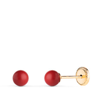 9K PENDIENTES ORO AMARILLO CORAL SINTETICO REDONDO 4 MM, CIERRE TUERCA