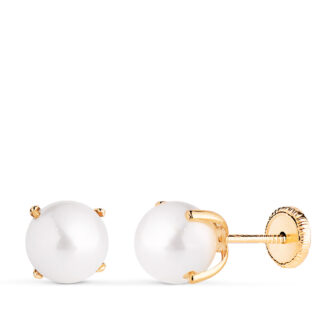18K PENDIENTES ORO AMARILLO PERLA CON 4 GARRAS, MEDIDA: 7 MM, CIERRE TUERCA