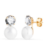 18K PENDIENTES ORO AMARILLO TU Y YO PERLA CON CIRCONITA REDONDA, MEDIDA: 14 X 8 MM, CIERRE PRESION