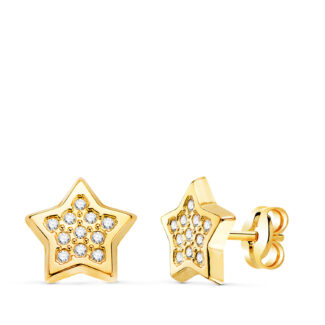18K PENDIENTES ORO AMARILLO ESTRELLAS CON CIRCONITA 9X9 MM, CIERRE PRESION