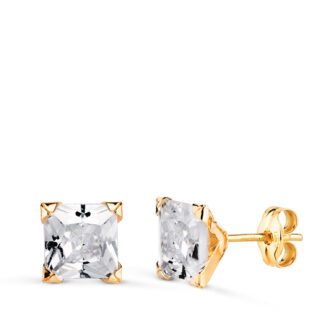 18K PENDIENTES ORO AMARILLO CIRCONITA CUADRADA CON 4 GARRAS, ANCHO: 7MM, CIERRE PRESION