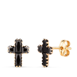 18K PENDIENTES ORO AMARILLO CRUZ CON CIRCONITAS NEGRAS BAGUETTE, 8,5 X 6,5 MM, CIERRE PRESION