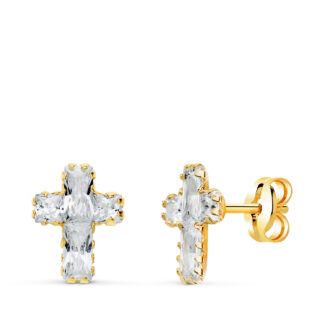 18K PENDIENTES ORO AMARILLO CRUZ CIRCONITAS BAGUETTE, 8,5 X 6,5 MM, CIERRE PRESION