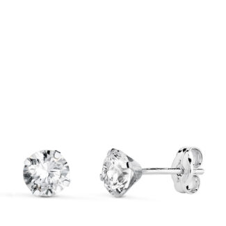 18K PENDIENTES ORO BLANCO 4 GARRAS CON CIRCONITA, ANCHO: 5 MM CIERRE PRESION