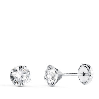 18K PENDIENTES ORO BLANCO 4 GARRAS CON CIRCONITA, ANCHO: 5 MM CIERRE TUERCA