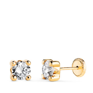 18K PENDIENTES ORO AMARILLO CIRCONITA 5MM CON 4 GARRAS, ANCHO: 5,5 MM, CIERRE TUERCA
