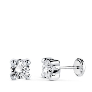 18K PENDIENTES ORO BLANCO CIRCONITA 5MM CON 4 GARRAS, ANCHO: 5,5 MM, CIERRE TUERCA