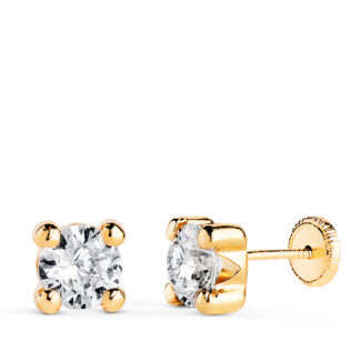 18K PENDIENTES ORO AMARILLO CIRCONITA 6MM CON 4 GARRAS, ANCHO: 6,5 MM, CIERRE TUERCA
