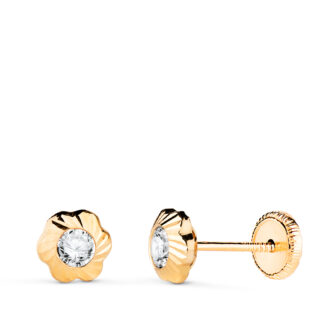 18K PENDIENTES ORO AMARILLO FLOR ORLA TALLADA CIRCONITA, MEDIDA: 5,5MM CIERRE TUERCA