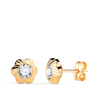 18K PENDIENTES ORO AMARILLO FLOR ORLA TALLADA CIRCONITA, MEDIDA: 7MM CIERRE PRESION