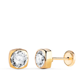 18K PENDIENTES ORO AMARILLO CUADRADOS CON CIRCONITA, MEDIDA: 6X6MM, CIERRE TUERCA