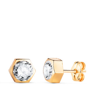 18K PENDIENTES ORO AMARILLO HEXAGONO CON CIRCONITA, MEDIDA: 7 X 6,5 MM, CIERRE PRESION