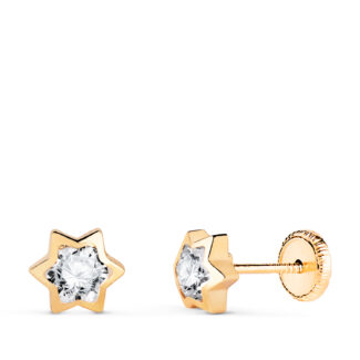 18K PENDIENTES ORO AMARILLO ESTRELLA CON CIRCONITA, MEDIDA: 6X5,5 MM, CIERRE TUERCA