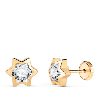 18K PENDIENTES ORO AMARILLO ESTRELLA CON CIRCONITA, MEDIDA: 8X7 MM, CIERRE TUERCA