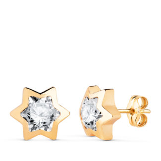 18K PENDIENTES ORO AMARILLO ESTRELLA CON CIRCONITA, MEDIDA: 9X8 MM, CIERRE PRESION