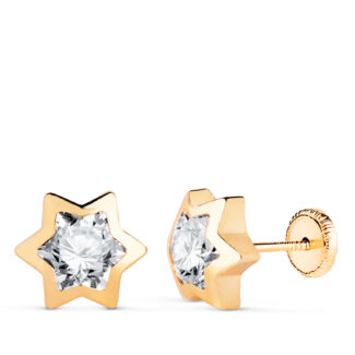 18K PENDIENTES ORO AMARILLO ESTRELLA CON CIRCONITA, MEDIDA: 9X8 MM, CIERRE TUERCA