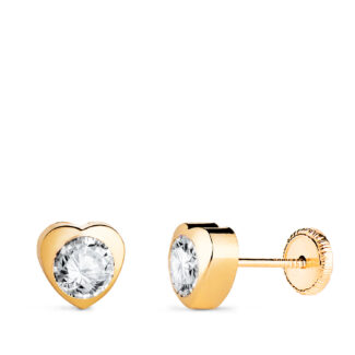 18K PENDIENTES ORO AMARILLO CORAZON CON CIRCONITA, MEDIDA: 6 X 6 MM CIERRE TUERCA