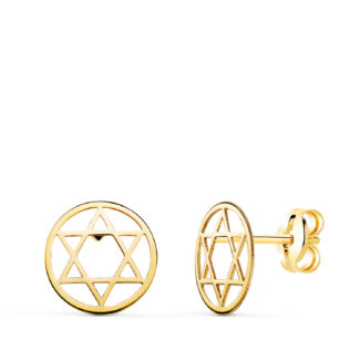 18K PENDIENTES ORO AMARILLO REDONDOS ESTRELLA DE DAVID BRILLO 8 MM, CIERRE PRESION