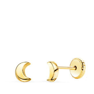 18K PENDIENTES ORO AMARILLO MEDIA LUNA CON BRILLO 5X4 MM, CIERRE TUERCA