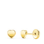 18K PENDIENTES ORO AMARILLO CORAZON LISO EN BRILLO 4X4 MM, CIERRE TUERCA