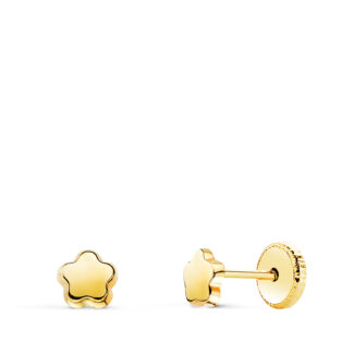 18K PENDIENTES ORO AMARILLO FLOR LISA BRILLO, 4,5 X 4,5 MM, CIERRE TUERCA