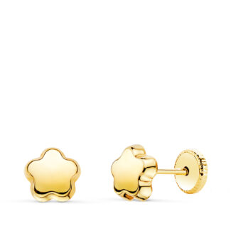 18K PENDIENTES ORO AMARILLO FLOR LISA BRILLO, 6 X 6 MM, CIERRE TUERCA